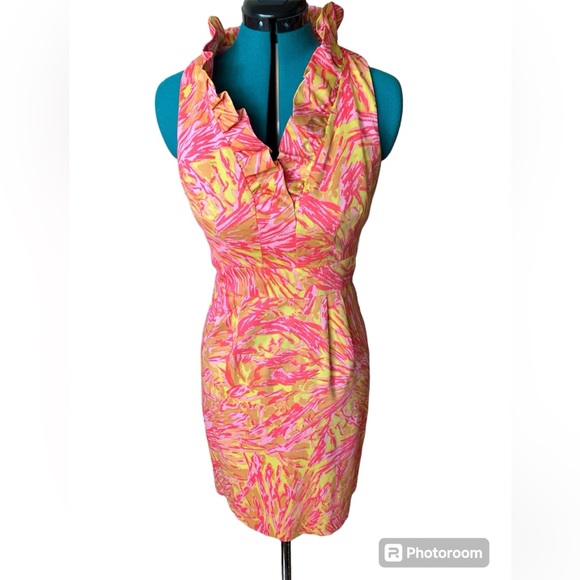 Just Taylor Dress Pink and Yellow v-neck ruffle - Picture 2 of 12